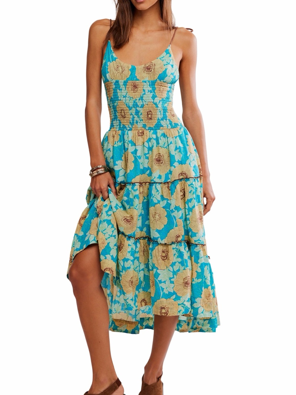 Free People Smocked Floral-Tiered Midi Dress in Turquoise and Yellow